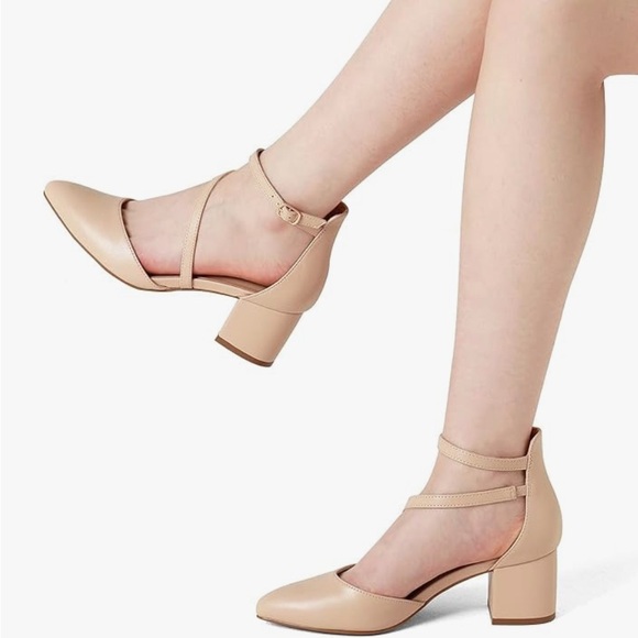 DREAM PAIRS Women’s closed pointed toe low chunky heels pumps ankle strap heel - Picture 2 of 4